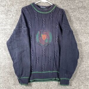 VTG Gant Sweater Mens Large Blue Cable Knit Heavy Crest Golf Equestrian Preppy